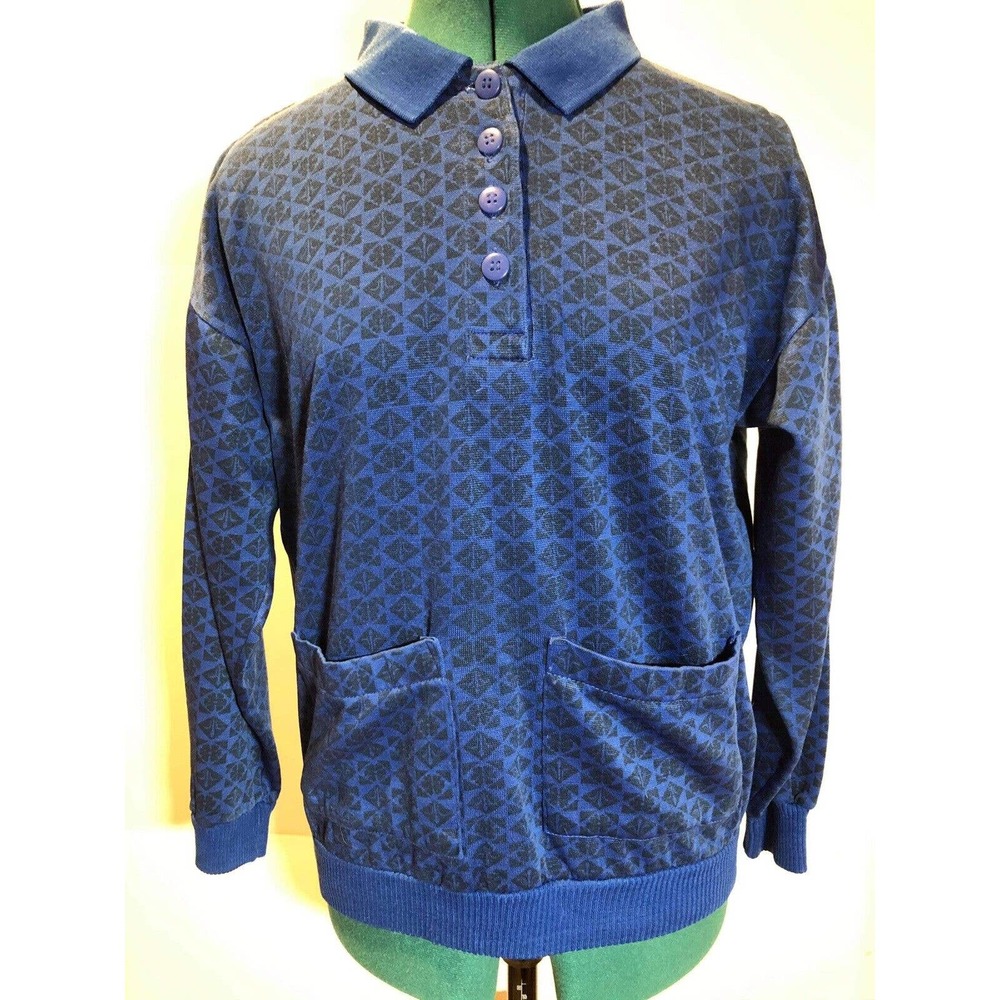 Stepping Stones Blue Button Neck Long Sleeve Polo Shirt Size 8 Womens